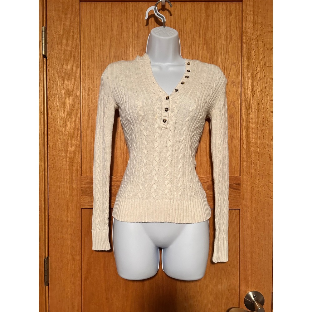 Vintage Y2K Aeropostale Women's Cream Cable Knit Henley Hoodie Sweater Small